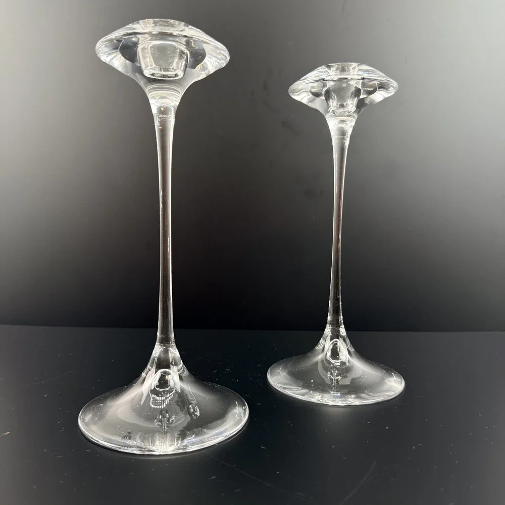 Kosta Boda Fanfare Crystal Candlesticks Pair Kjell Engman‎ Sweden